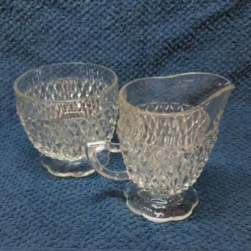 Indiana Glass Diamond Point Crystal Pressed Glass Sugar & Creamer Set Scallop